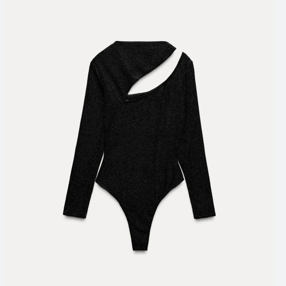 ZARA black glitter velvet asymmetrical bodysuit - Picture 2 of 9